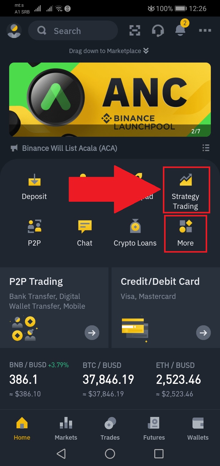 Aktivacija grid bota na telefonu. 2. Telefon - Kliknite na "Strategy Trading", ako vam nije izbačeno na početni ekran tada kliknite na "More" i pronadjite ga.