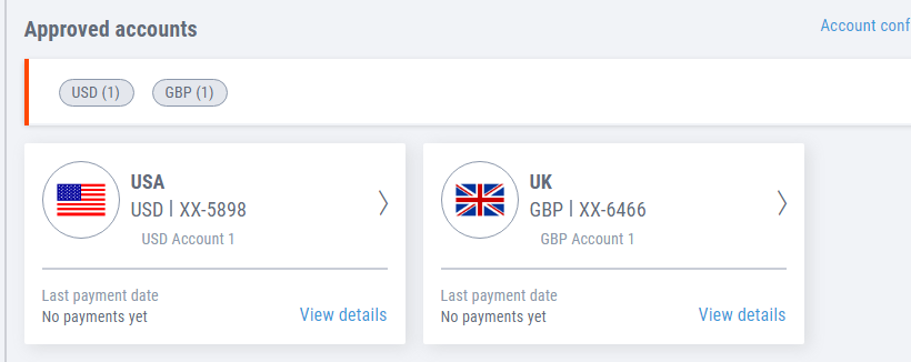 Payoneer iskustva - Kada kliknete na Global Payment Service, otvoriće vam se vaše banke iz Amerike i Velike Britanije. Skrolujte malo naniže i videćete “Approved Accounts” gde se nalaze USA i UK bankovni podaci