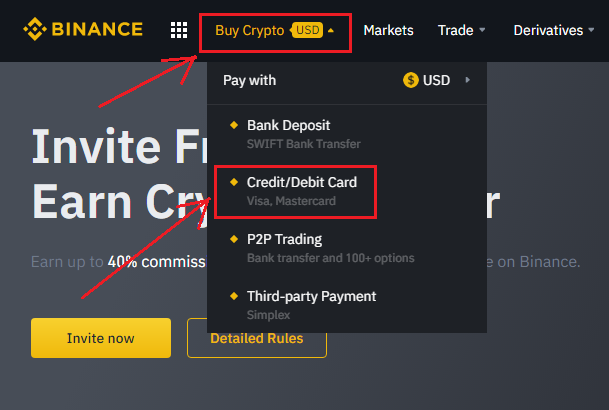 Da bi ste kupili Bitcoin na Binance idite na “Buy Crypto” i iz padajućeg menija izaberite “Credit/Debit Card”. To vam je za kupovinu preko Visa ili Mastercard