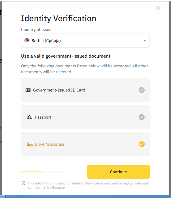 Binance verifikacija. Zatim vam se otvara prozor u kome trebate izabrate sa kojim ličnim dokumentom želite da verifikujete nalog. Ako želite koristiti ličnu kartu, kliknite na "Goverment-Issued ID Card", ako ćete koristiti pasoš tada kliknite na "Passport", a ako ćete koristiti vozačku dozvolu tada izaberite "Driver's Licence".