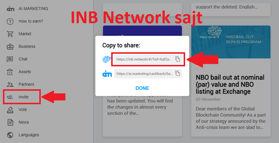 Vaš link se nalazi na INB sajtu, kada kliknete na tab "Invite", otvoriće vam se prozor sa dva linka, kopirajte onaj prvi od INB, i to je vaš referral link. Prosledite taj link prijatelju, objasnite mu kako da se registruje, objasnite mu kako da ukuca DOD za 50$, date mu svoj kod, on ga aktivira i to je to. Ili napišete uputstvo i pošaljete celo uputstvo.