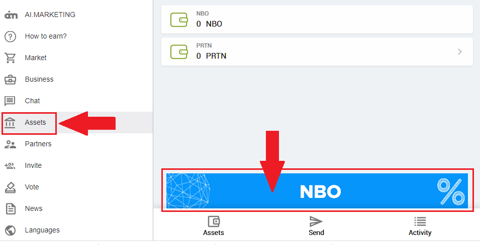 kupovina NBO tokena na inb network ineurochange. NBO tokene kupujete na "iNeuroChange" sajtu. Njemu pristupate ovako: Na INB sajtu iz glavnog menija kliknite na tab "Assets" i pri dnu kliknite na plavi baner,
