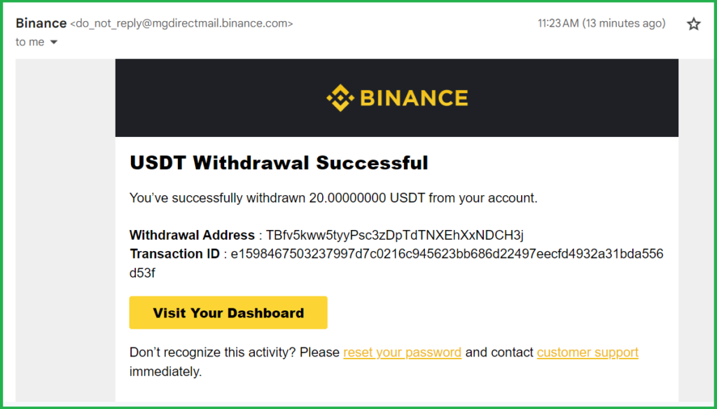 Kako prebaciti novac sa Binance na AdvCash - Binance email USDT Withdrawal Successful