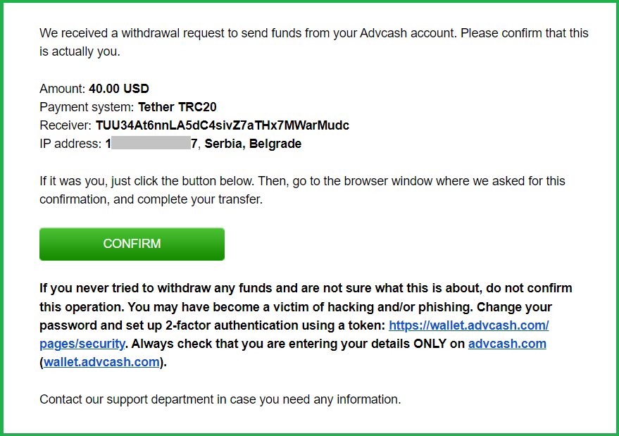 Kako prebaciti novac sa AdvCash na Binance Email confirmation